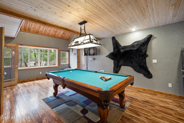 playroom with wood ceiling, pool table, wood finished floors, lofted ceiling, and a textured wall