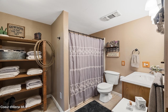 bathroom with visible vents, tile patterned flooring, vanity, baseboards, and toilet