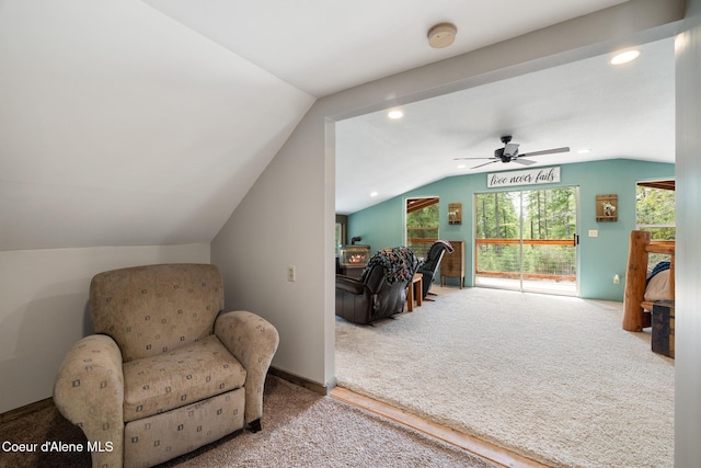 living area featuring recessed lighting, a ceiling fan, carpet, and vaulted ceiling