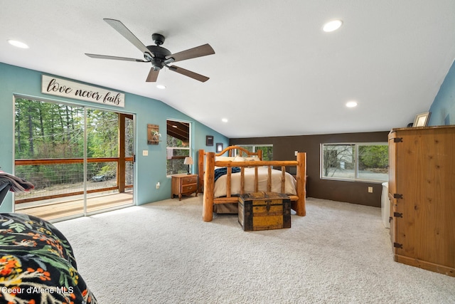 carpeted bedroom with recessed lighting, a ceiling fan, vaulted ceiling, and access to exterior