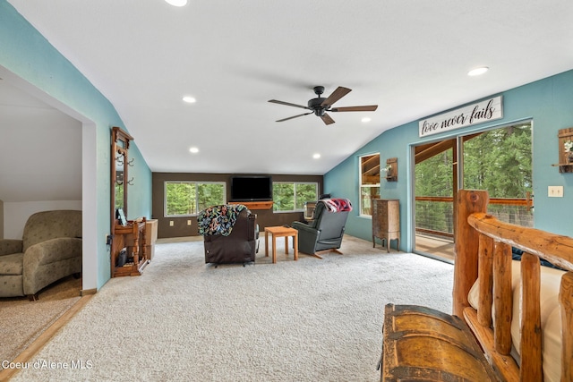 living room featuring carpet floors, a ceiling fan, vaulted ceiling, and recessed lighting