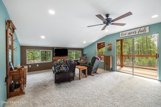 carpeted living room featuring recessed lighting, ceiling fan, and vaulted ceiling