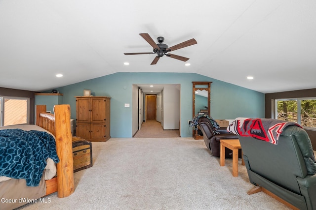 bedroom with carpet floors, a ceiling fan, recessed lighting, and lofted ceiling