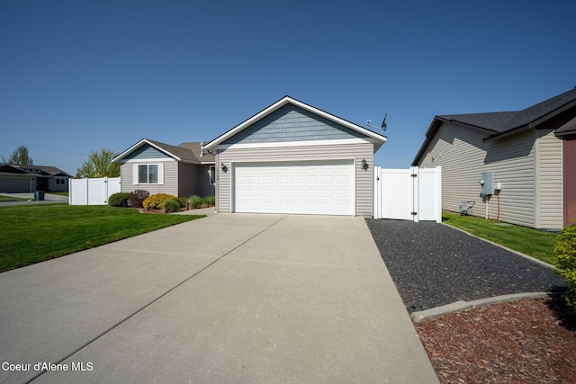 ranch-style house with a garage, a front lawn, fence, a gate, and driveway
