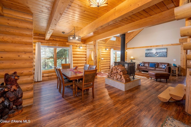 dining room featuring dark wood-type flooring, beamed ceiling, a wood stove, wooden ceiling, and rustic walls