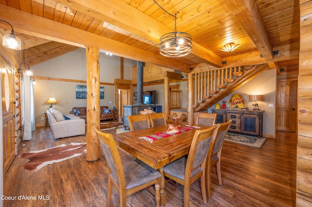 dining space featuring wooden ceiling, stairs, and wood finished floors