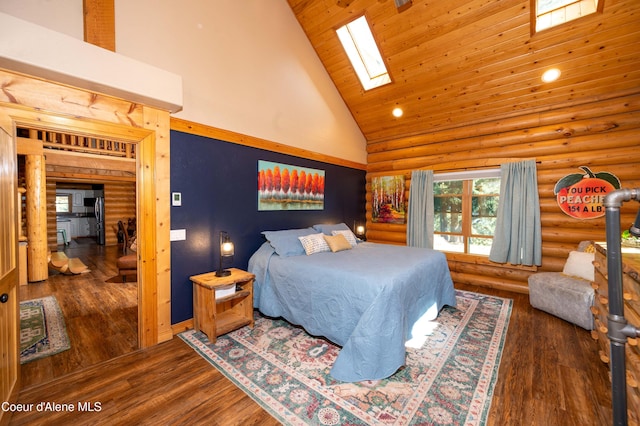 bedroom featuring rustic walls, wood ceiling, high vaulted ceiling, wood finished floors, and a skylight