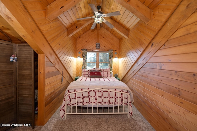 bedroom featuring carpet, wooden ceiling, wooden walls, and beamed ceiling