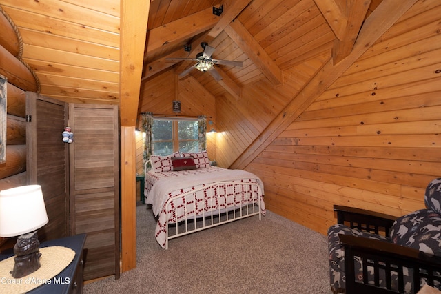 carpeted bedroom featuring wooden ceiling, wood walls, and lofted ceiling with beams