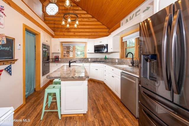 kitchen featuring a sink, stainless steel appliances, dark wood finished floors, white cabinetry, and wood ceiling