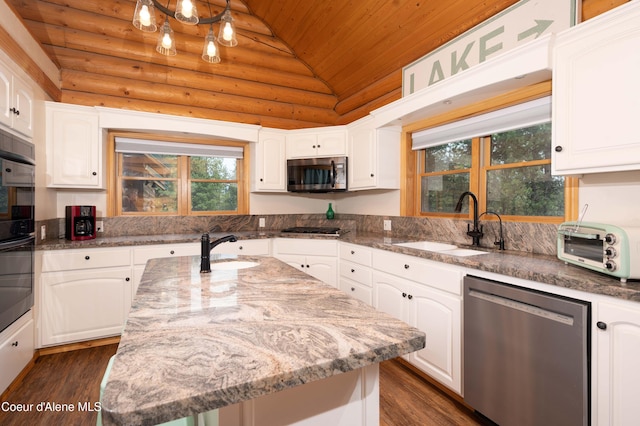 kitchen featuring a sink, lofted ceiling, dark wood-type flooring, wood ceiling, and appliances with stainless steel finishes