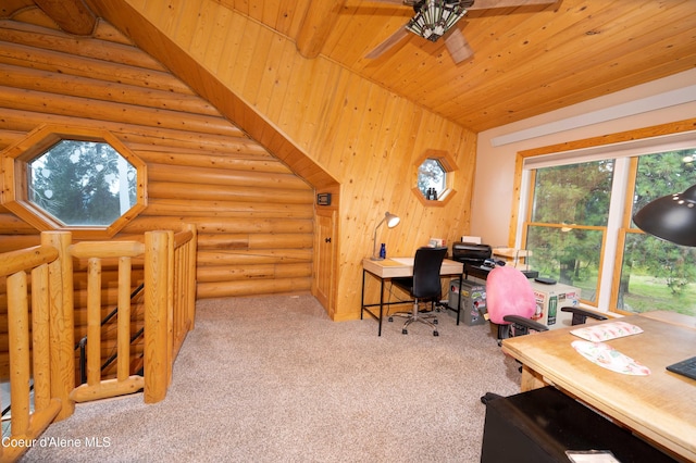 carpeted home office featuring ceiling fan, lofted ceiling, wood ceiling, and log walls