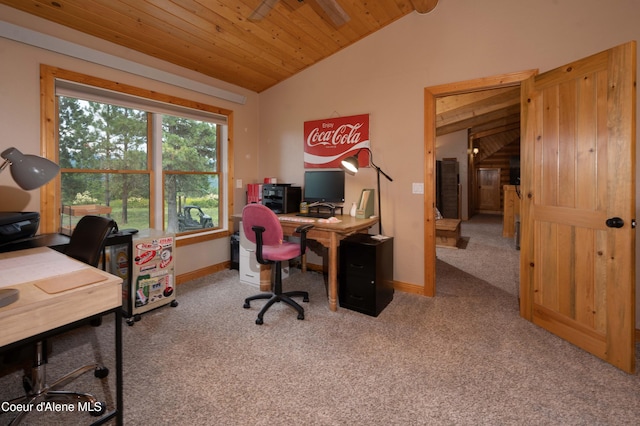 office featuring baseboards, carpet floors, wooden ceiling, and vaulted ceiling