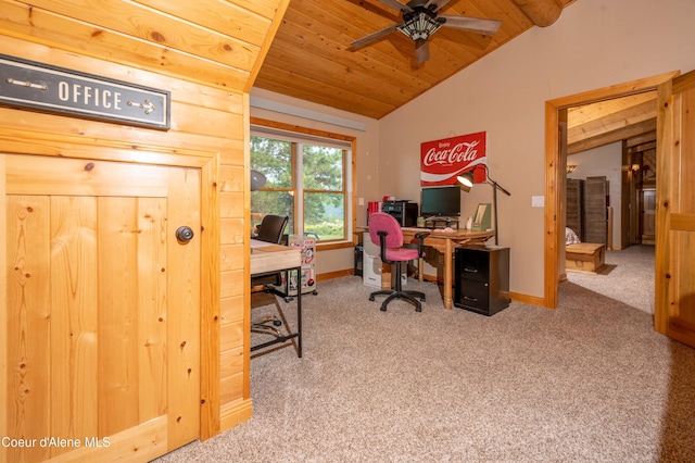 carpeted home office with wooden ceiling, lofted ceiling, baseboards, and a ceiling fan