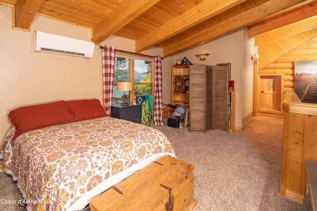 bedroom with wooden ceiling, a wall mounted air conditioner, carpet flooring, and beam ceiling
