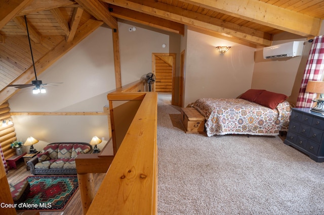 carpeted bedroom with lofted ceiling with beams, a wall mounted air conditioner, and wood ceiling