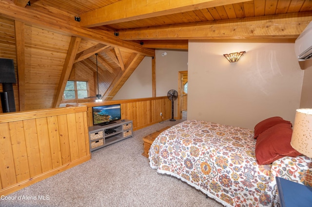 bedroom with carpet floors, wood walls, beamed ceiling, wooden ceiling, and a wall mounted AC