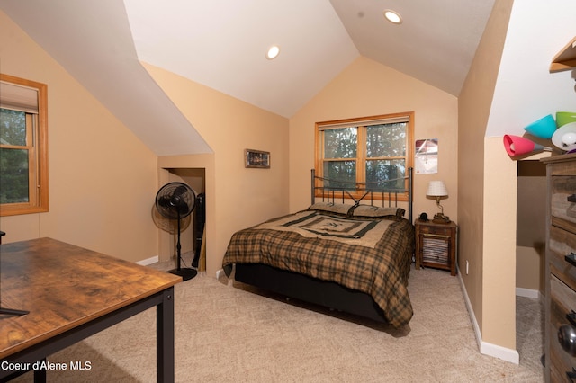 carpeted bedroom featuring baseboards, lofted ceiling, and recessed lighting