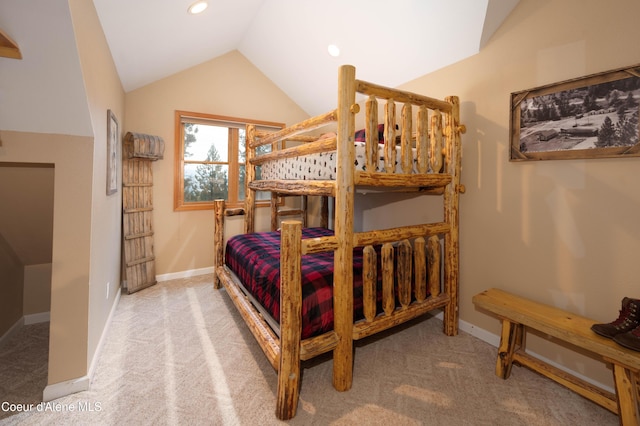 bedroom featuring lofted ceiling, carpet floors, baseboards, and recessed lighting