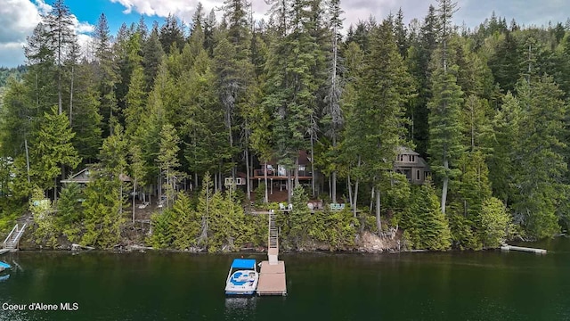 aerial view featuring a water view and a view of trees