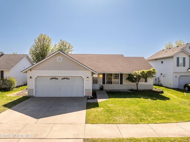 single story home with roof with shingles, an attached garage, driveway, and a front lawn