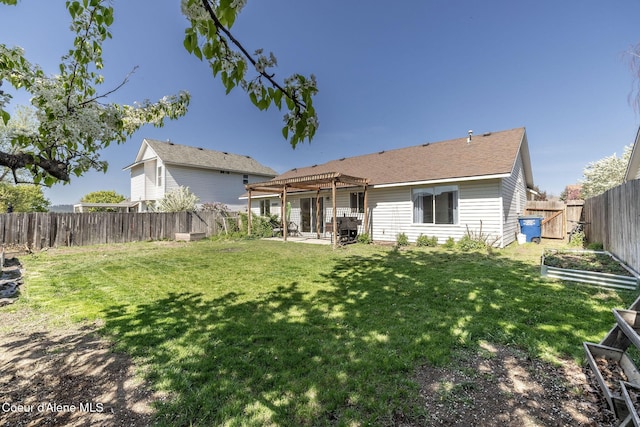 rear view of property with a pergola, a vegetable garden, a fenced backyard, a patio area, and a yard
