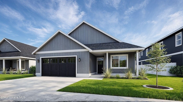 view of front facade with a front yard, a shingled roof, board and batten siding, an attached garage, and driveway