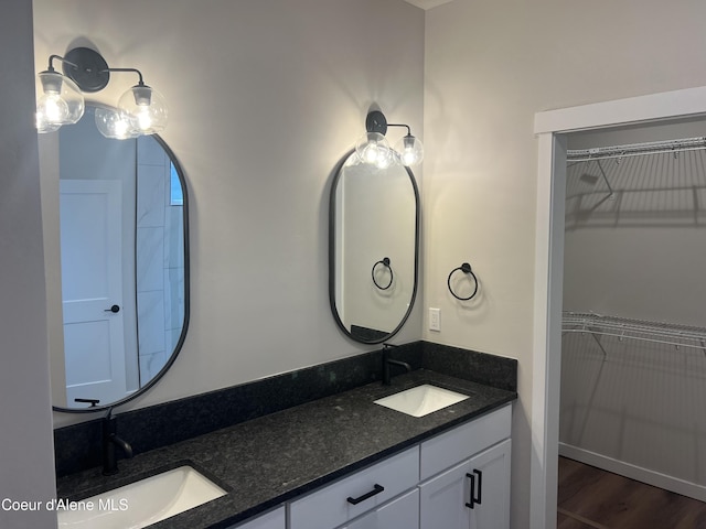 bathroom featuring double vanity, a sink, and a spacious closet