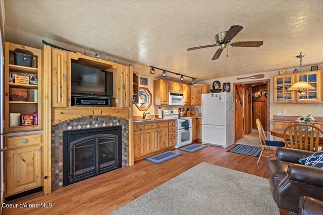 34128 N Scenic Bay D Dock Unit 21, Bayview, ID 83803 - living area featuring a ceiling fan, a textured ceiling, rail lighting, a tile fireplace, and light wood-style flooring