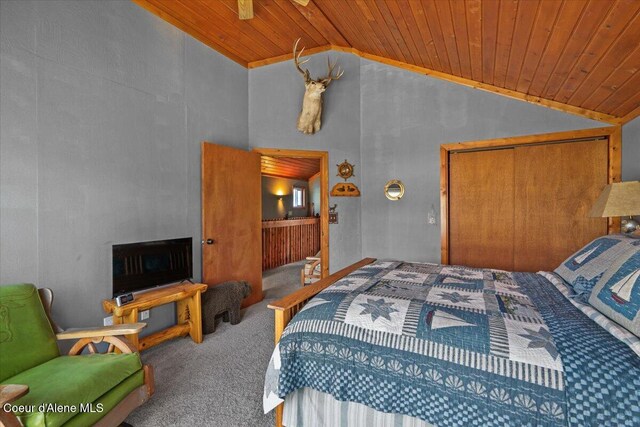 34128 N Scenic Bay D Dock Unit 21, Bayview, ID 83803 - carpeted bedroom featuring wooden ceiling, a closet, and high vaulted ceiling