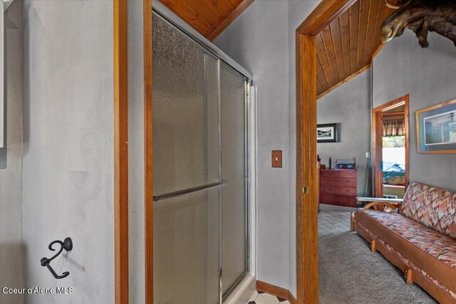 34128 N Scenic Bay D Dock Unit 21, Bayview, ID 83803 - bathroom featuring wooden ceiling, a shower stall, and lofted ceiling