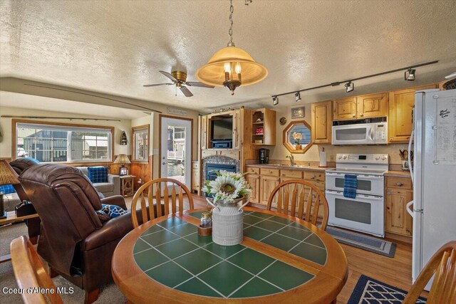 34128 N Scenic Bay D Dock Unit 21, Bayview, ID 83803 - dining area with light wood-style floors, ceiling fan, rail lighting, and a textured ceiling