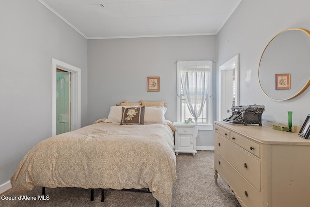 bedroom with baseboards, ornamental molding, and light colored carpet