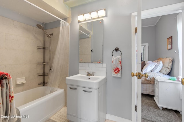 bathroom with vanity, shower / tub combo, and tasteful backsplash