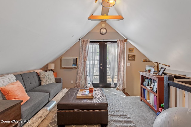 carpeted living area featuring vaulted ceiling and a wall mounted AC