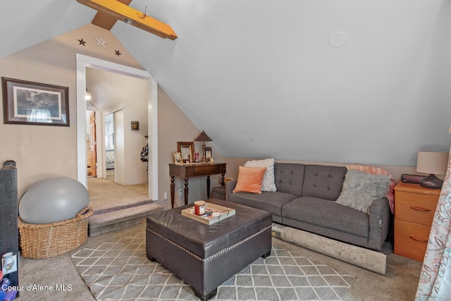 carpeted living room with lofted ceiling