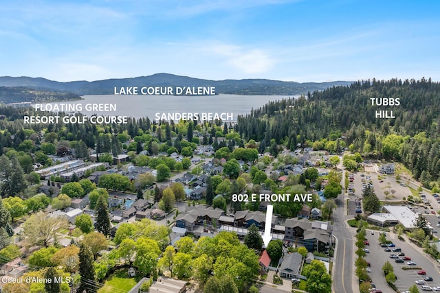 birds eye view of property featuring a water and mountain view
