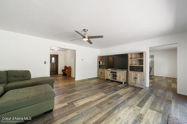 1547 E Stratford Dr, Hayden, ID 83835 - living room with a ceiling fan and dark wood-style floors