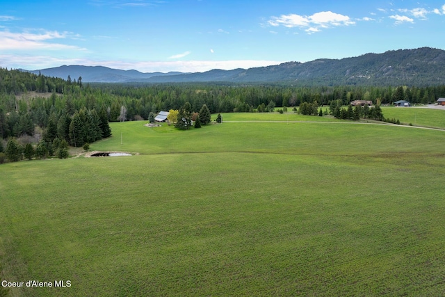 view of property's community with a mountain view, view of golf course, and a lawn