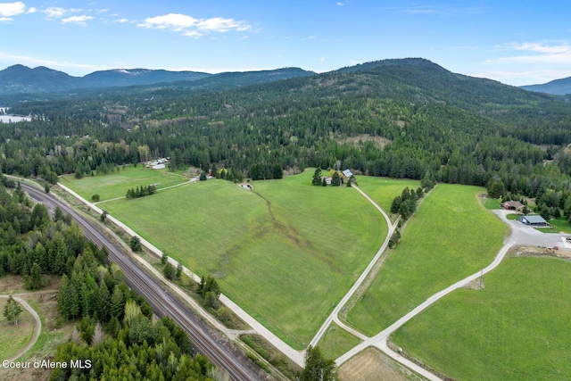 bird's eye view with a mountain view and a view of trees