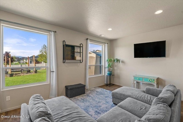 2097 W Calawah Ave, Post Falls, ID 83854 - living room featuring baseboards, wood finished floors, a textured ceiling, and recessed lighting
