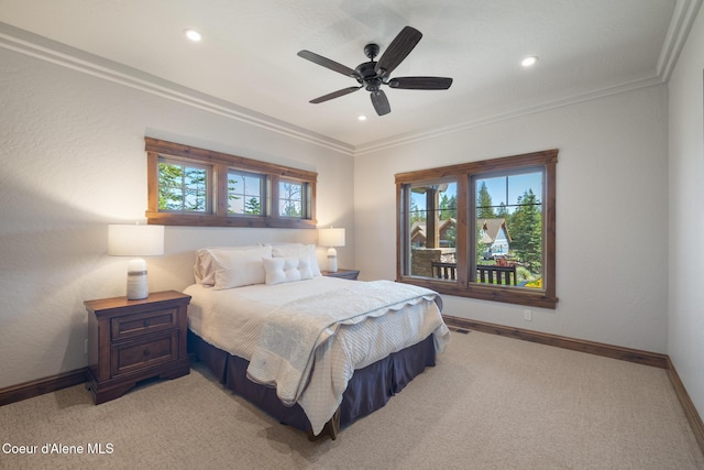 11671 N Spiraea Ln, Hayden, ID 83835 - bedroom featuring crown molding, recessed lighting, light colored carpet, ceiling fan, and baseboards