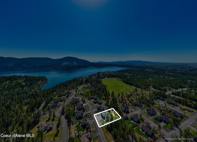 11671 N Spiraea Ln, Hayden, ID 83835 - aerial view of property's location with a water and mountain view, a heavily wooded area, property parcel outlined, and nearby suburban area