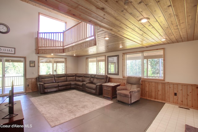 31582 E Hayden Lake Rd, Hayden, ID 83835 - living area with wooden ceiling, wood walls, and wainscoting