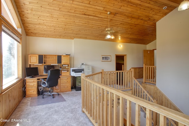 31582 E Hayden Lake Rd, Hayden, ID 83835 - home office with lofted ceiling, wood ceiling, and light colored carpet
