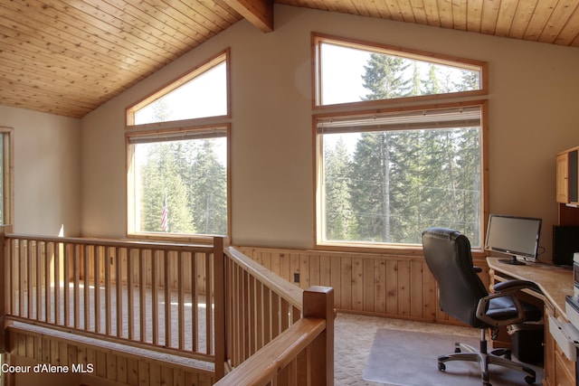 31582 E Hayden Lake Rd, Hayden, ID 83835 - carpeted office featuring lofted ceiling, a wealth of natural light, wood walls, and a wainscoted wall