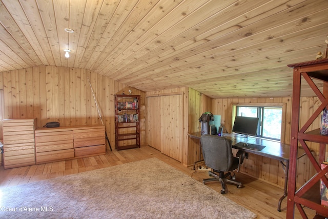 31582 E Hayden Lake Rd, Hayden, ID 83835 - office space featuring hardwood / wood-style floors, wood walls, and vaulted ceiling