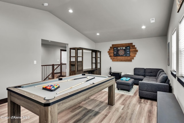 2878 N Callary St, Post Falls, ID 83854 - recreation room with billiards, recessed lighting, high vaulted ceiling, and light wood-style floors