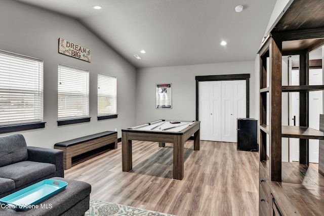 2878 N Callary St, Post Falls, ID 83854 - rec room featuring vaulted ceiling, pool table, light wood-type flooring, and recessed lighting