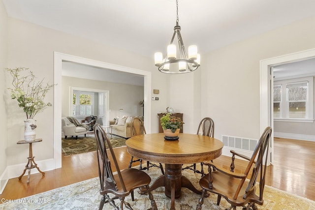 306 S Huron Ave, Sandpoint, ID 83864 - dining room featuring baseboards, visible vents, light wood-style flooring, and a chandelier